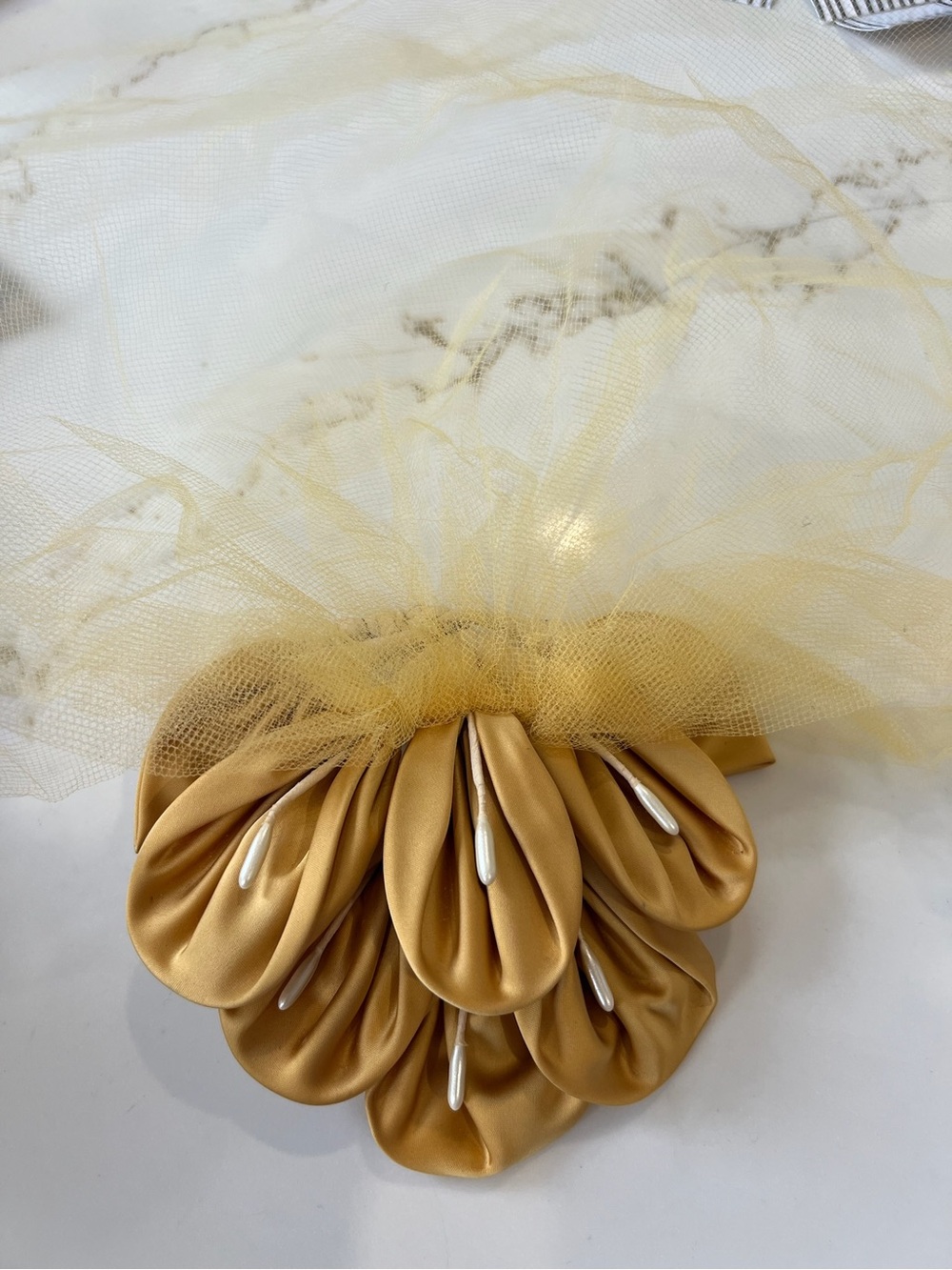 Vintage Gold Satin Floral Hair Clip with Tulle and Pearl Accents